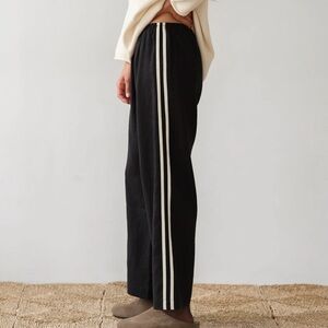 Donni Linen Crop Stripe Straight Wide Leg Pull On Elastic Baggy Pants Jet Black